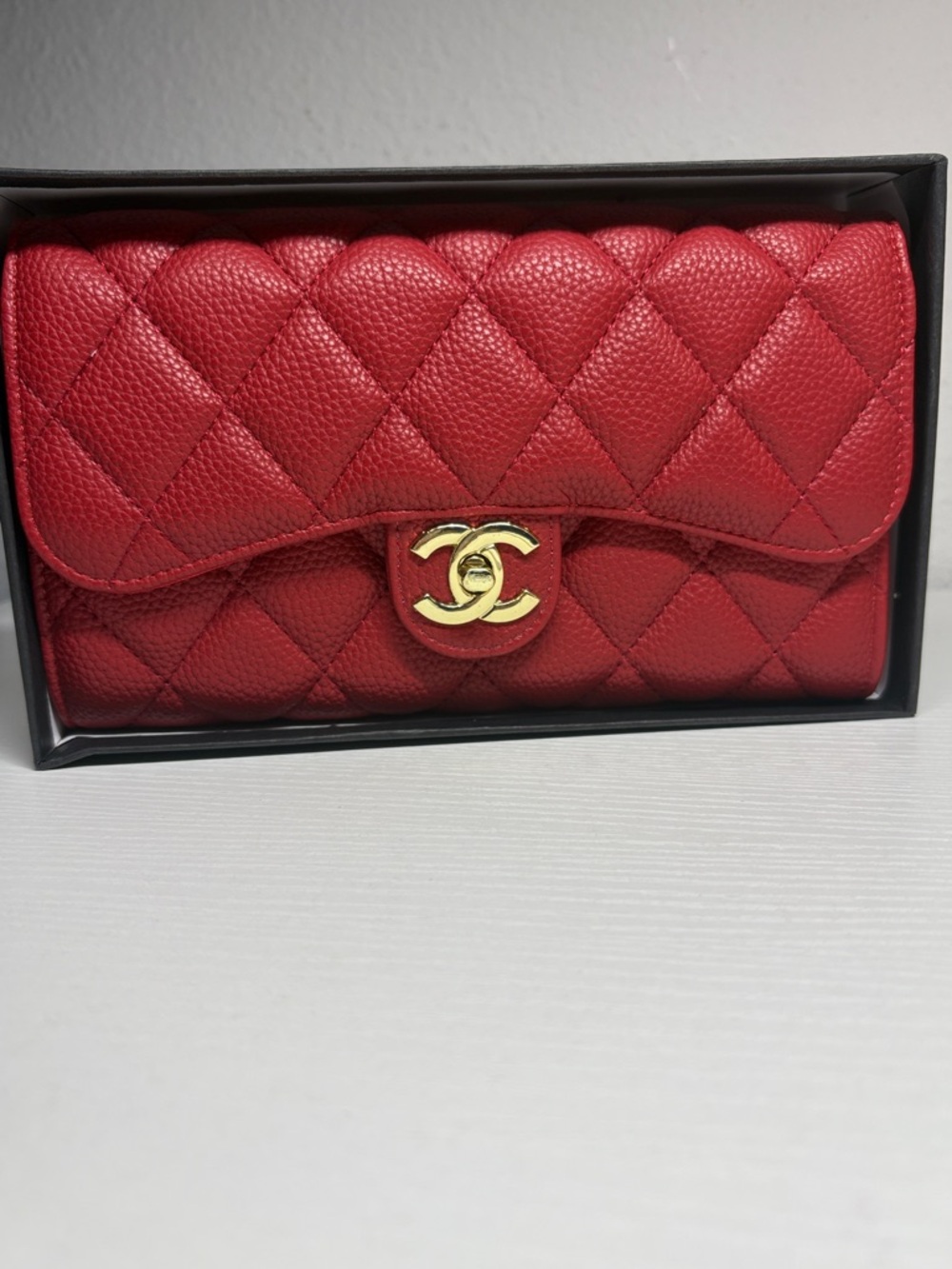 Quilted Red Caviar Leather Wallet with Gold Turnlock
